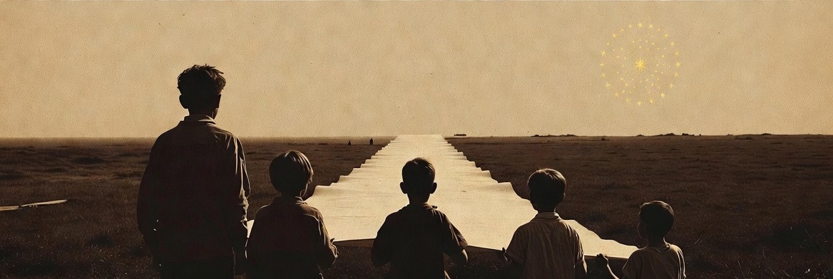 Niños sosteniendo un pergamino desenrollado hacia el horizonte